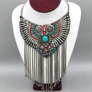 Boho Ethnic Collar Statement Necklace Silver Tone Chains Beaded Felt Back 14"